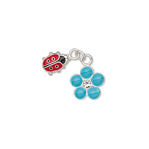 Charm, enamel / glass rhinestone / sterling silver, multicolored, 7x5.5mm single-sided ladybug and 8.5x8.5mm single-sided flower. Sold individually.