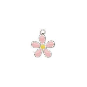 Charm, enamel and sterling silver, light pink and yellow, 10x10mm single-sided flower. Sold individually.