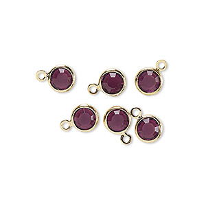 Drop, glass rhinestone and gold-finished brass, amethyst purple, 6-6.5mm faceted round. Sold per pkg of 6.