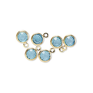 Drop, glass rhinestone and gold-finished brass, aqua blue, 6-6.5mm faceted round. Sold per pkg of 6.