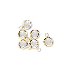 Drop, glass rhinestone and gold-finished brass, crystal clear, 6-6.5mm faceted round. Sold per pkg of 6.