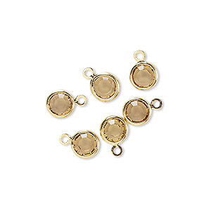 Drop, glass rhinestone and gold-finished brass, topaz yellow, 6-6.5mm faceted round. Sold per pkg of 6.