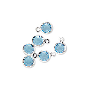 Drop, glass rhinestone and silver-finished brass, aqua blue, 6-6.5mm faceted round. Sold per pkg of 6.