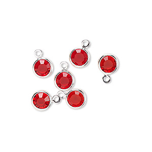 Drop, glass rhinestone and silver-finished brass, ruby red, 6-6.5mm faceted round. Sold per pkg of 6.