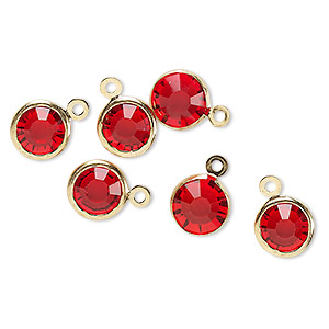 Drop, glass rhinestone and gold-finished brass, ruby red, 8-9mm faceted round. Sold per pkg of 6.