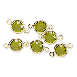 Link, glass rhinestone and gold-finished brass, peridot green, 8-9mm faceted round. Sold per pkg of 6.
