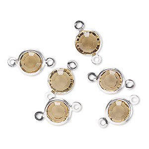 Link, glass rhinestone and silver-finished brass, topaz yellow, 8-9mm faceted round. Sold per pkg of 6.