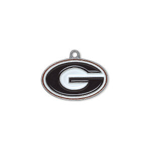 Charm, enamel and &quot;pewter&quot; (zinc-based alloy), black / white / red, 21x13mm single-sided University of Georgia Bulldogs. Sold individually.