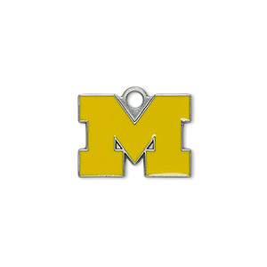 Charm, enamel and &quot;pewter&quot; (zinc-based alloy), dark blue and yellow, 21x13mm single-sided University of Michigan Wolverines. Sold individually.