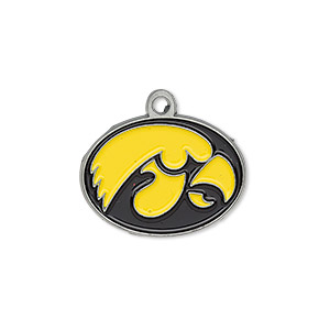 Charm, enamel and &quot;pewter&quot; (zinc-based alloy), black and yellow, 23x16mm single-sided right-facing Iowa Hawkeyes. Sold individually.