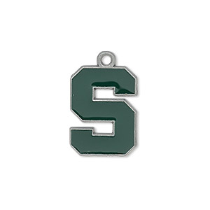 Charm, enamel and &quot;pewter&quot; (zinc-based alloy), green, 19x14mm single-sided Michigan State Spartans. Sold individually.