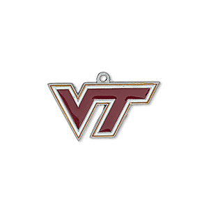 Charm, enamel and &quot;pewter&quot; (zinc-based alloy), maroon / white / orange, 26x13mm single-sided Virginia Tech Hokies. Sold individually.