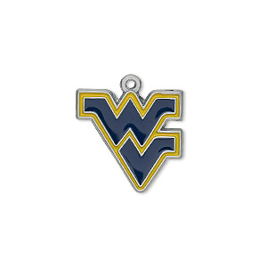 Charm, enamel and &quot;pewter&quot; (zinc-based alloy), dark blue and yellow, 19x18mm single-sided West Virginia Mountaineers. Sold individually.