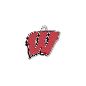 Charm, enamel and &quot;pewter&quot; (zinc-based alloy), black and red, 18x16mm single-sided Wisconsin Badgers. Sold individually.
