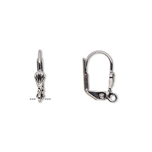Ear wire, gunmetal-plated brass, 16mm leverback with 6x3mm shell and open loop. Sold per pkg of 5 pairs.