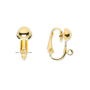 Earring, clip-on, gold-plated steel, 16mm hinged with 6.5mm half ball and open loop. Sold per pkg of 5 pairs.