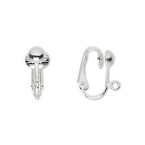 Earring, clip-on, silver-plated steel, 16mm hinged with half ball and open loop. Sold per pkg of 5 pairs.