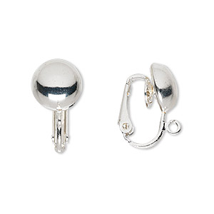 Earring, clip-on, silver-plated steel, 18mm hinged with 10mm half ball and open loop. Sold per pkg of 5 pairs.