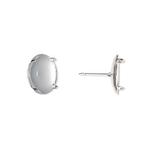 Earstud, silver-plated steel and stainless steel, 13mm round flat pad with 12mm 4-prong round setting. Sold per pkg of 5 pairs.