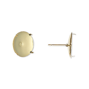 Earstud, gold-plated steel and stainless steel, 14mm round flat pad with 13mm 4-prong round setting. Sold per pkg of 5 pairs.