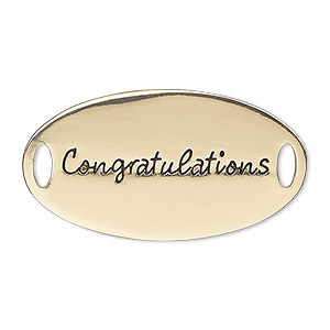 Link, antique gold-finished &quot;pewter&quot; (zinc-based alloy), 38x20mm single-sided flat oval with &quot;Congratulations.&quot; Sold individually.