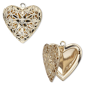 Drop, gold-finished brass, 25.5x24.5mm single-sided hinged heart bead cage with cutout flower and 18.5x14mm heart setting. Sold individually.