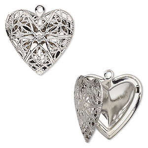 Drop, silver-finished brass, 25.5x24.5mm single-sided hinged heart bead cage with cutout flower. Sold individually.