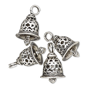 Charm, antique silver-finished &quot;pewter&quot; (zinc-based alloy), 16.5x12mm textured bell with cutout design. Sold per pkg of 4.
