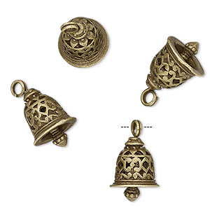Charm, antique brass-finished &quot;pewter&quot; (zinc-based alloy), 16.5x12mm textured bell with cutout design. Sold per pkg of 4.