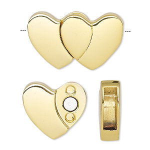 Clasp, magnetic, gold-finished &quot;pewter&quot; (zinc-based alloy), 28x17mm double heart with glue-in ends, 11.5x3.5mm inside diameter. Sold individually.