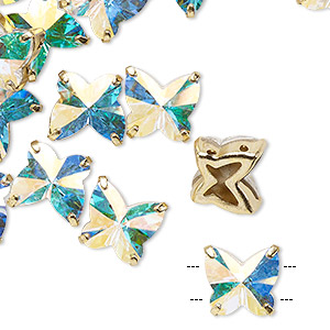 Sew-on component, Preciosa Czech crystal and gold-plated brass, transparent crystal AB, 10mm single-sided faceted butterfly with 2 holes. Sold individually.