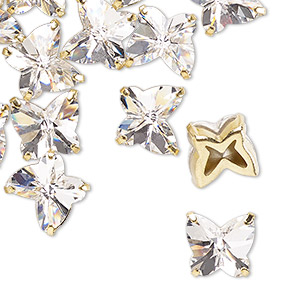 Sew-on component, Preciosa Czech crystal and gold-plated brass, transparent crystal clear, 10mm single-sided faceted butterfly with 2 holes. Sold per pkg of 144 (1 gross).