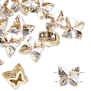 Sew-on component, Preciosa Czech crystal and gold-plated brass, transparent honey, 10mm single-sided faceted butterfly with 2 holes. Sold per pkg of 12.
