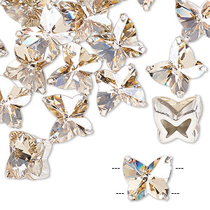 Sew-on component, Preciosa Czech crystal and silver-plated brass, transparent honey, 10mm single-sided faceted butterfly with 2 holes. Sold individually.