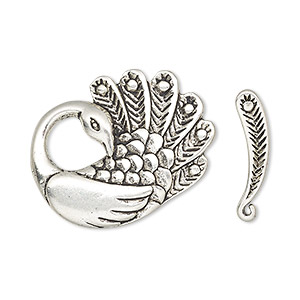 Clasp, toggle, antique silver-finished &quot;pewter&quot; (zinc-based alloy), 27x22mm peacock with hidden loop. Sold per pkg of 2.
