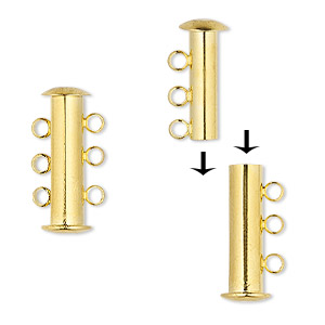 Clasp, 3-strand magnetic slide lock, gold-finished brass, 20x5mm round tube. Sold individually.