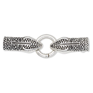 Clasp, self-closing hook, antique silver-finished &quot;pewter&quot; (zinc-based alloy), 72.5x20mm with 32x13.5mm snake head and 20mm jump ring with glue-in ends, 10mm inside diameter. Sold individually.