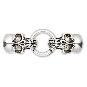 Clasp, self-closing hook, antique silver-finished &quot;pewter&quot; (zinc-based alloy), 57x20mm with 26x15.5mm skull and 20mm jump ring with glue-in ends, 11x5mm inside diameter. Sold individually.