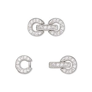 Clasp, fold-over, cubic zirconia and rhodium-plated brass, clear, 16x8.5mm double donut. Sold individually.