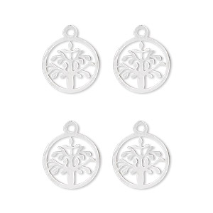 Drop, Lazer Lace&#153;, stainless steel, 12mm double-sided flat round with cutout tree of life. Sold per pkg of 4.