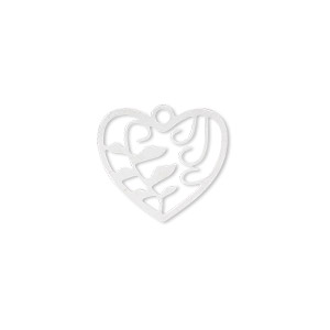 Charm, Lazer Lace&#153;, stainless steel, 18x16mm two-sided heart with cutout leaf. Sold per pkg of 4.