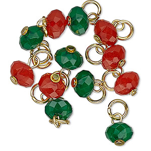Drop mix, Charmed, acrylic and gold-finished steel, assorted red and green, 8x5mm faceted rondelle. Sold per pkg of 12.