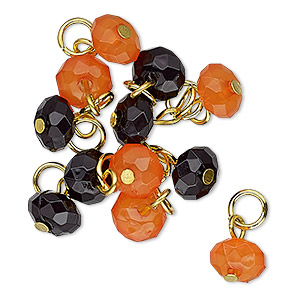 Drop, Charmed, acrylic and gold-finished steel, orange and black, 8x5mm faceted rondelle. Sold per pkg of 12.