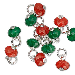 Drop, Charmed, acrylic and silver-finished steel, red and green, 8x5mm faceted rondelle. Sold per pkg of 12.