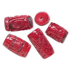 Bead mix, bamboo coral (dyed), red, 19x11mm-32x21mm hand-carved barrel, B- grade, Mohs hardness 3-1/2 to 4. Sold per pkg of 5.