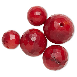 Bead mix, bamboo coral (dyed), dark red, 11-18mm faceted round, B- grade, Mohs hardness 3-1/2 to 4. Sold per pkg of 5.