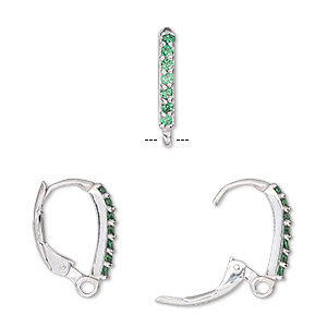 Ear wire, cubic zirconia and sterling silver, green, 16mm leverback with closed loop. Sold per pair.