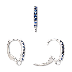 Ear wire, cubic zirconia and sterling silver, blue, 16mm leverback with closed loop. Sold per pair.
