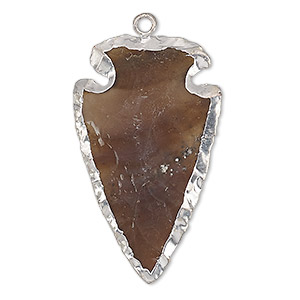 Focal, jasper (natural) / electroplated silver / silver-plated sterling silver, 32x21mm-36x22mm hand-knapped arrowhead. Sold individually.