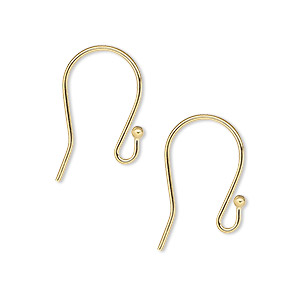 Ear wire, gold-plated brass, 17mm fishhook with 2mm ball and open loop, 19 gauge. Sold per pkg of 5 pairs.